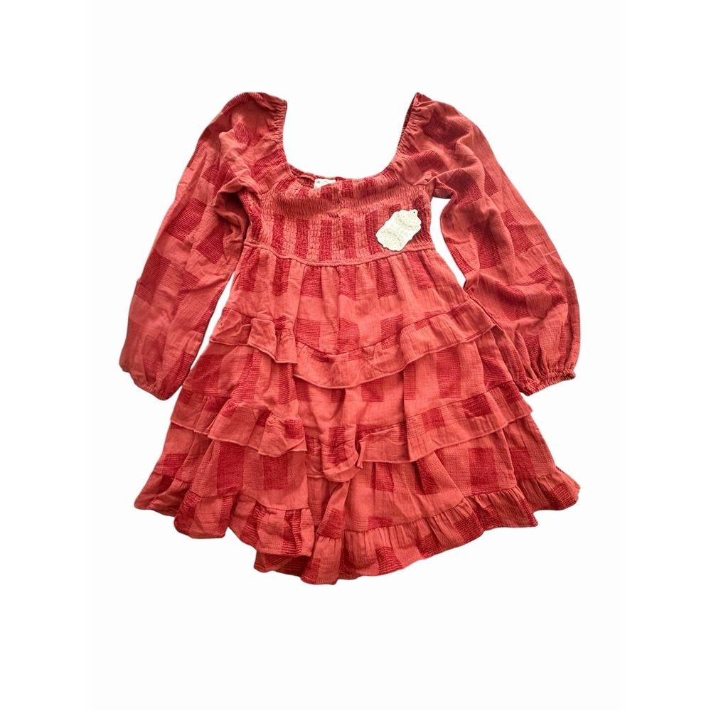 Altar'd State Rust Tiered Ruffle Mini Dress Smocked Long Sleeve Medium NWT #C2-1 - Picture 8 of 12